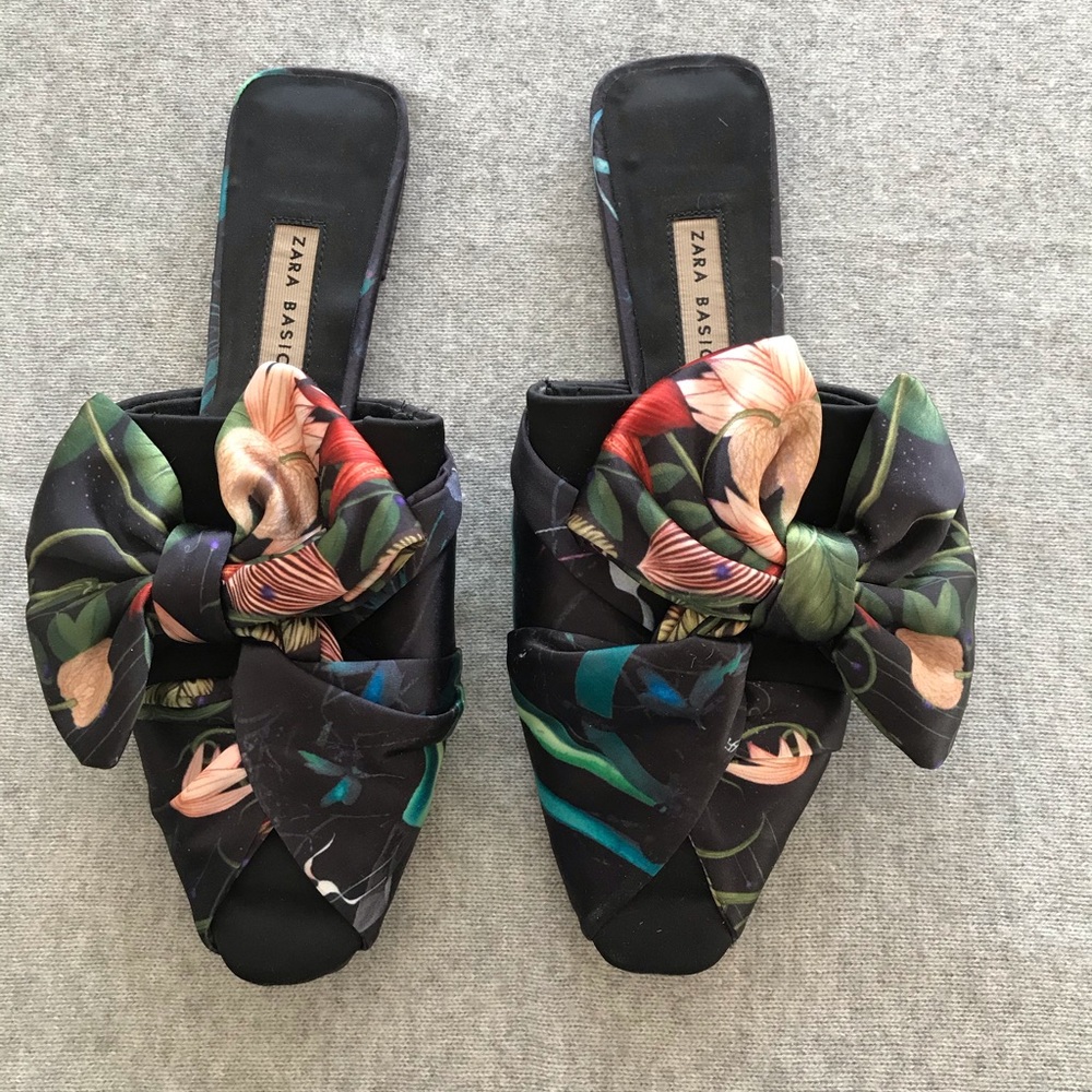 Zara silk bow slide flats